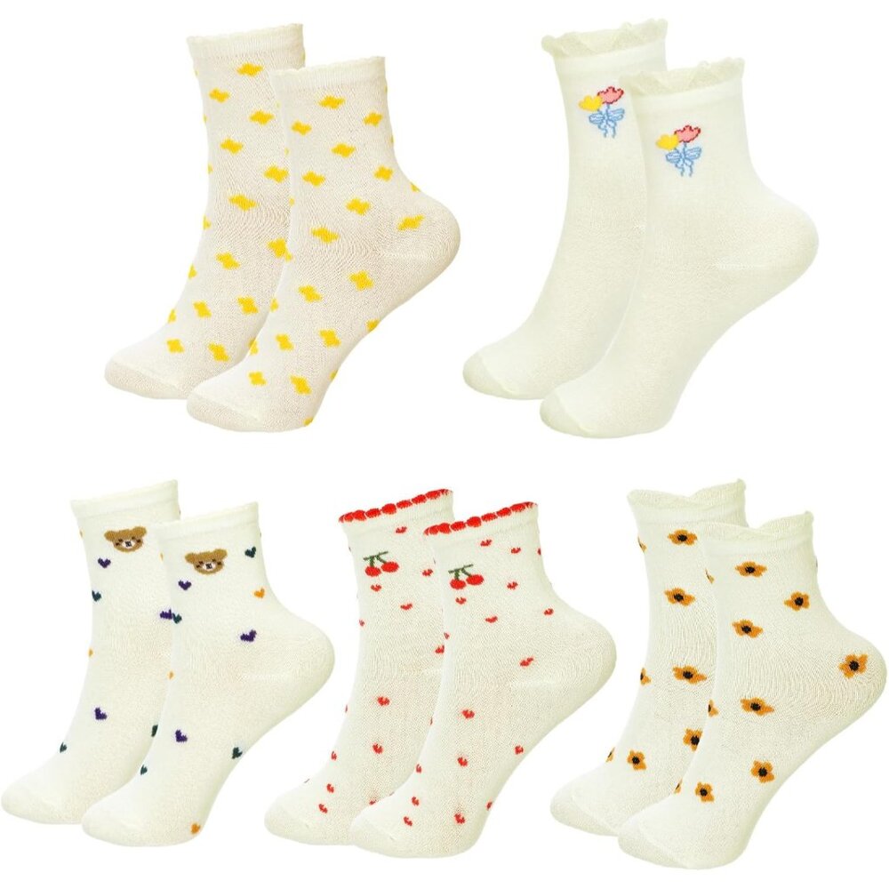 5 Pair Cute Heart Flower Frilly Ankle Women Socks, Casual Cotton Bear Heart Cher